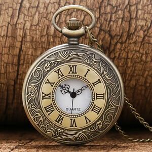 Vtg Style Gold Quartz Pocket Watch Necklace Open Face Roman Numerl Retro Pendant